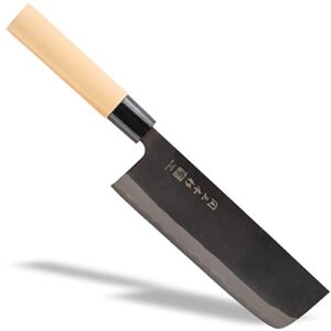 seki sanbonsugi japanese utility chef kitchen knife, kurouchi carbon tool steel nakiri knife, shiraki wooden handle, 165 mm (6.5 in), made in seki japan