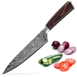chef knife 8 inch etched pattern - ultra sharp german high carbon stainless steel kitchen knifes - 8” chefs cooking knife for sushi chopping vegetable slicing tomatoes and meat cutting knives