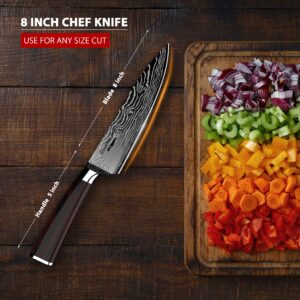 Chef Knife 8 Inch Etched Pattern - Ultra Sharp German High Carbon Stainless Steel Kitchen Knifes - 8” Chefs Cooking Knife for Sushi Chopping Vegetable Slicing Tomatoes and Meat Cutting Knives