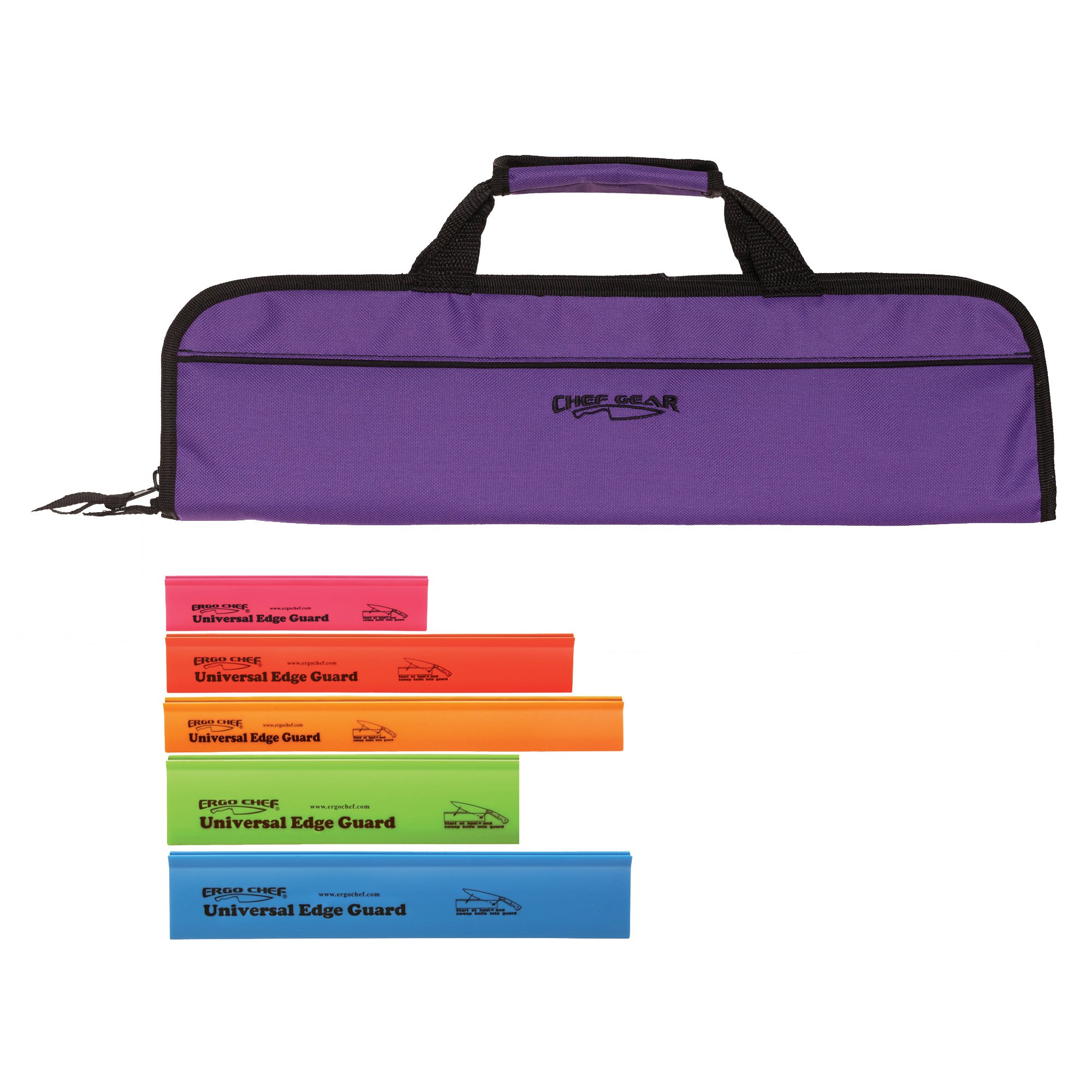 5 Pocket Padded Chef Knife Case Roll with 5 pc. Edge Guards (Purple 5 Pocket bag w/5pc.Multi-Color Edge guards)