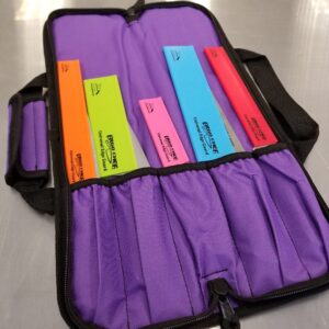 5 Pocket Padded Chef Knife Case Roll with 5 pc. Edge Guards (Purple 5 Pocket bag w/5pc.Multi-Color Edge guards)