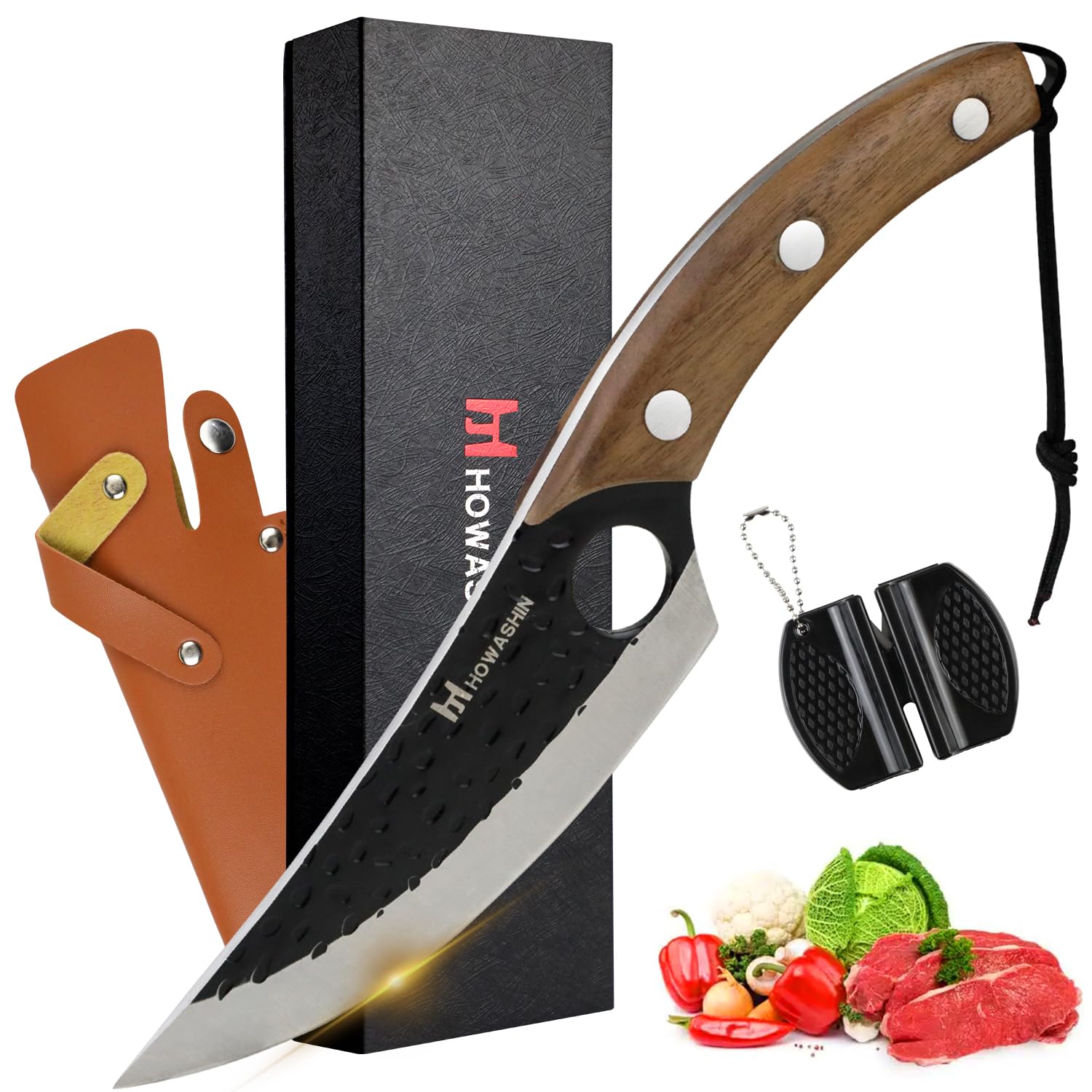 Howashin 6 Inch Viking Knife High Carbon Chef Knife Hand Forged Kitchen Knife Meat Butcher Ergonomic Handle With Sharpener and Christmas Gift Box