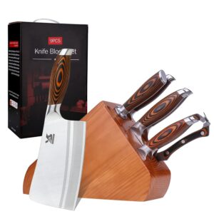 msy bigsunny 9pcs knife block set, german steel kitchen knife set with bone chopper, precious pakkawood handle for chef knife block set