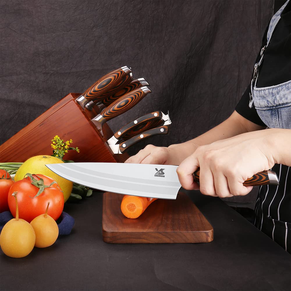 MSY BIGSUNNY 9pcs Knife Block Set, German Steel Kitchen Knife Set with Bone Chopper, Precious Pakkawood Handle for Chef Knife Block Set