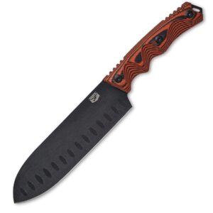 dfackto interceptor 6.5 inch santoku knife for camping and outdoor kitchen, stonewashed high carbon stainless steel black knife, full tang tactical g10 orange handle