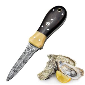 Oyster Shucker Knife Oyster Knife Damascus Steel Camel Bone & Walnut Handle Leather Sheath Seafood Opener Kit Tool Non Slip Handle (Walnut Handle)