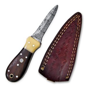 Oyster Shucker Knife Oyster Knife Damascus Steel Camel Bone & Walnut Handle Leather Sheath Seafood Opener Kit Tool Non Slip Handle (Walnut Handle)