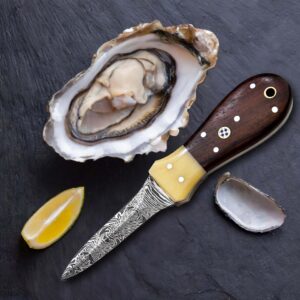 Oyster Shucker Knife Oyster Knife Damascus Steel Camel Bone & Walnut Handle Leather Sheath Seafood Opener Kit Tool Non Slip Handle (Walnut Handle)