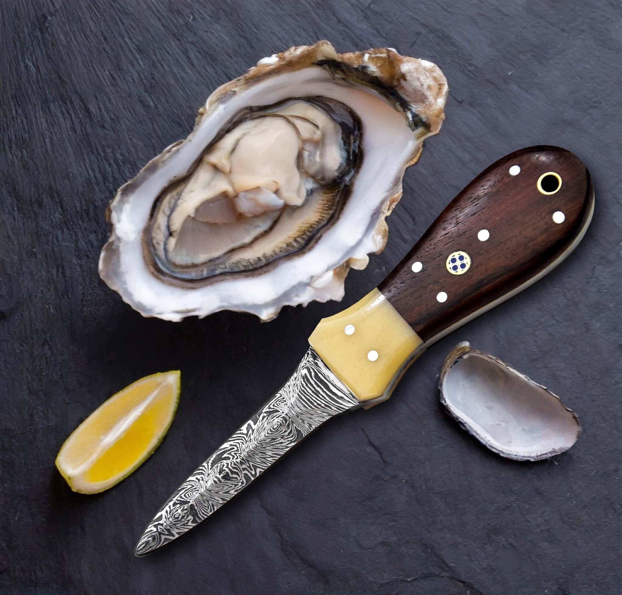 Oyster Shucker Knife Oyster Knife Damascus Steel Camel Bone & Walnut Handle Leather Sheath Seafood Opener Kit Tool Non Slip Handle (Walnut Handle)