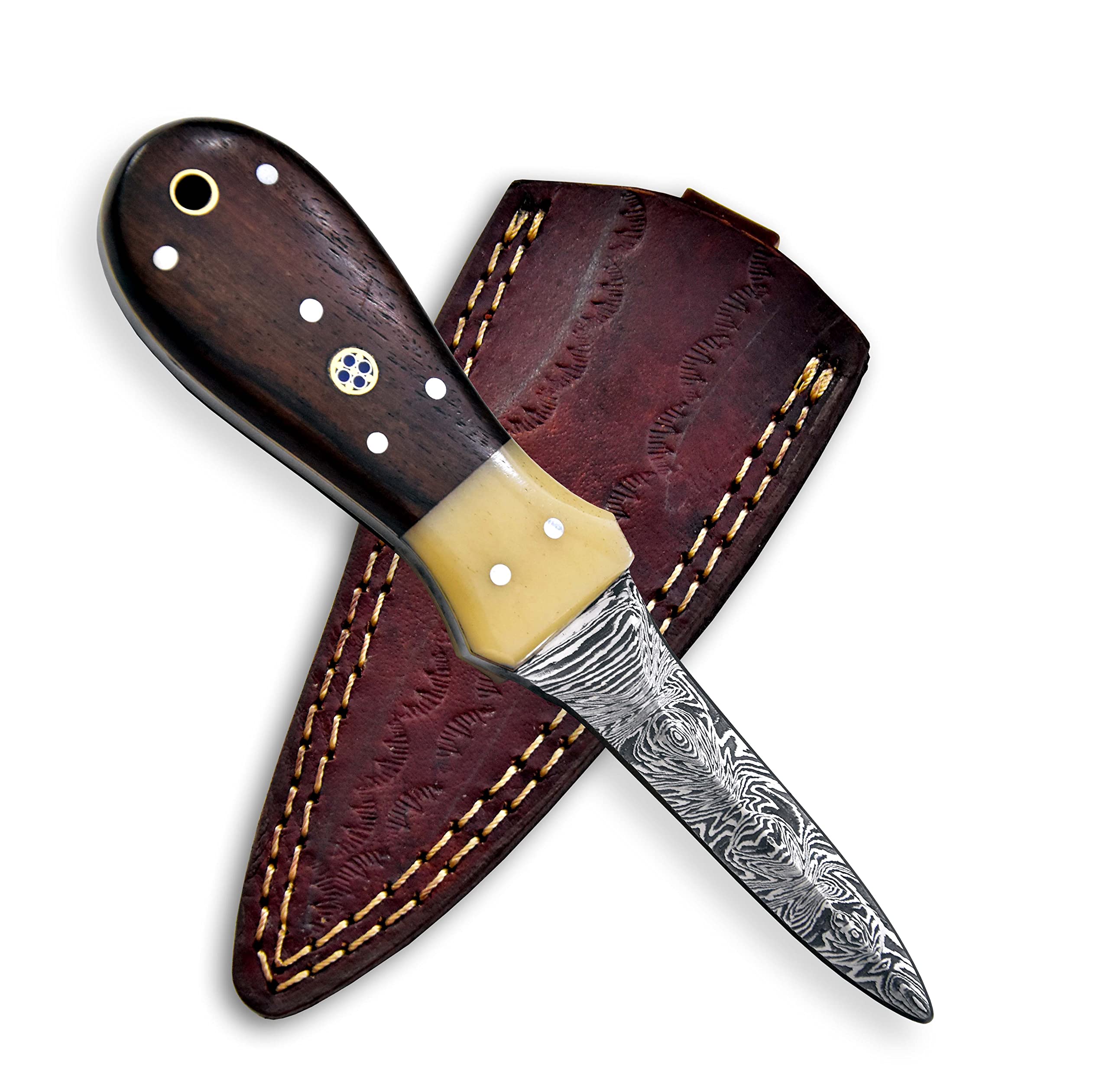 Oyster Shucker Knife Oyster Knife Damascus Steel Camel Bone & Walnut Handle Leather Sheath Seafood Opener Kit Tool Non Slip Handle (Walnut Handle)