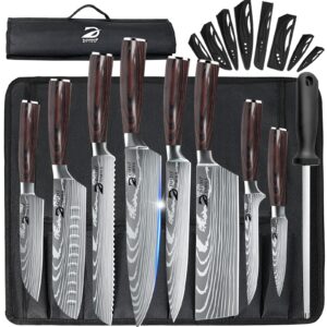 Dfito Chef Knife Sets with Roll Bag, 9 Pieces Professional Knife Set, High Carbon Stainless Steel Kitchen Chef Knife Set, Red Pakkawood Handle, Dishwasher Safe