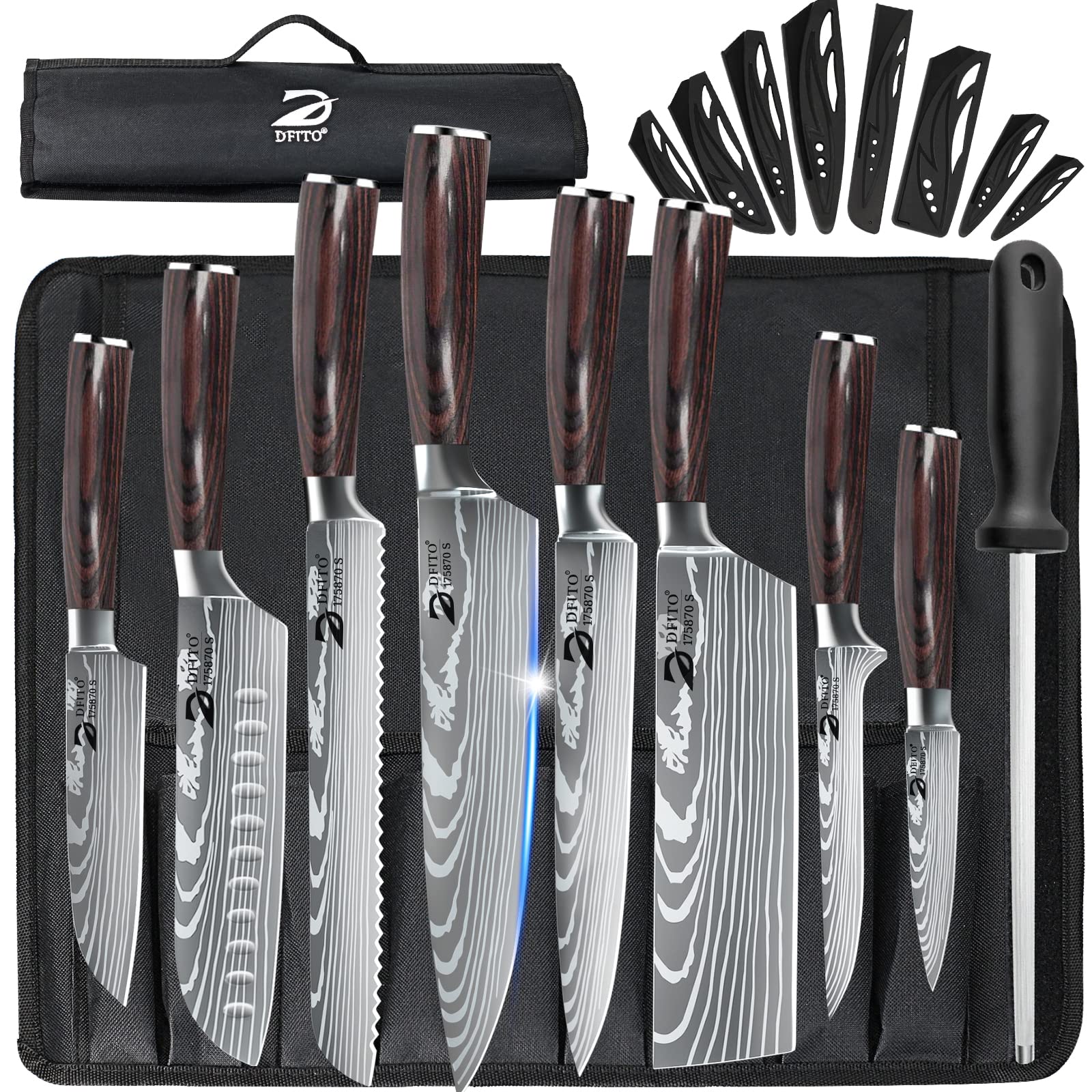 Dfito Chef Knife Sets with Roll Bag, 9 Pieces Professional Knife Set, High Carbon Stainless Steel Kitchen Chef Knife Set, Red Pakkawood Handle, Dishwasher Safe