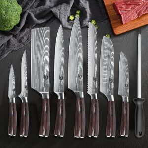 Dfito Chef Knife Sets with Roll Bag, 9 Pieces Professional Knife Set, High Carbon Stainless Steel Kitchen Chef Knife Set, Red Pakkawood Handle, Dishwasher Safe