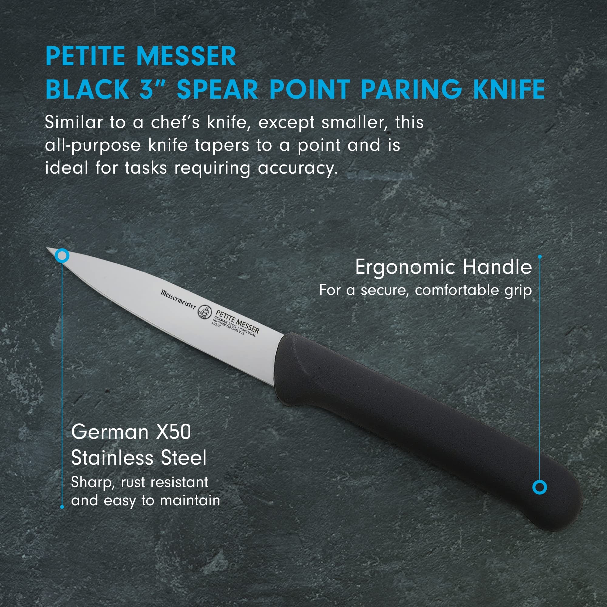 Messermeister Petite Messer 3” Spear Point Parer with Matching Sheath, Black - German 1.4116 Stainless Steel & Ergonomic Handle - Lightweight, Rust Resistant & Easy to Maintain