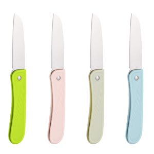 chuyiren paring knife, 4 pcs folding knife, 3" vegetable and fruit knife, stainless steel small kitchen knife for cooking, peeling, slicing, picnics, & travel, pink/green/blue/light green