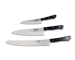 mac knife chef series 3-piece starter knife set chef-32, th-80 chef series 8" dimpled chef's knife, th-50 chef series 5" dimpled paring knife, sb-105 superior series 10.5" bread knife, made in japan