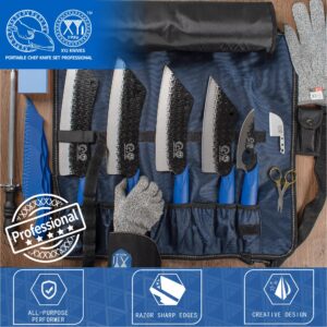 Authentic XYJ Since 1986,5pcs Slicing Knives Set,Vegetable Kitchen Knife With Roll Bag,Whetstone,Honing Steel,Cake Cutter,Camping Chef Butcher Knife,Full Tang (XYJ Blue)