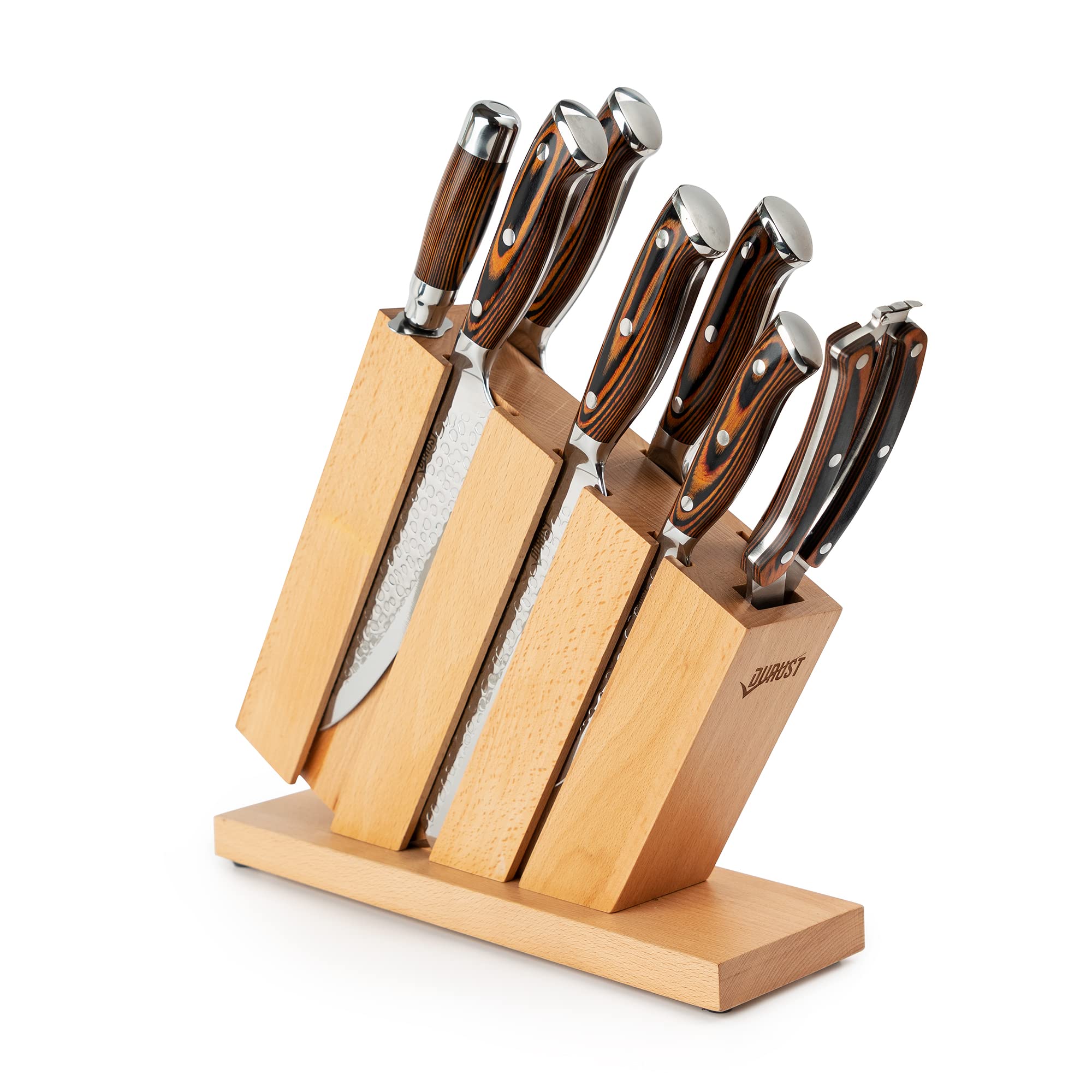 Durust Kitchen Knife Set with Beech Wood Block, 9-Piece 5Cr15Mov Stainless Steel Knives with Pakkawood +S/S 430 Bolster Handle,