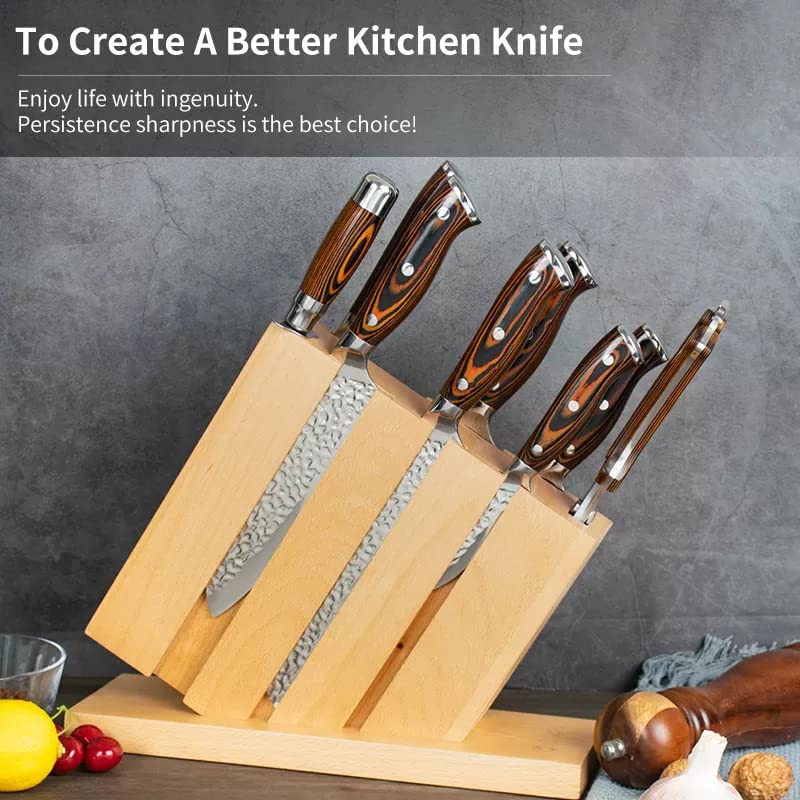 Durust Kitchen Knife Set with Beech Wood Block, 9-Piece 5Cr15Mov Stainless Steel Knives with Pakkawood +S/S 430 Bolster Handle,