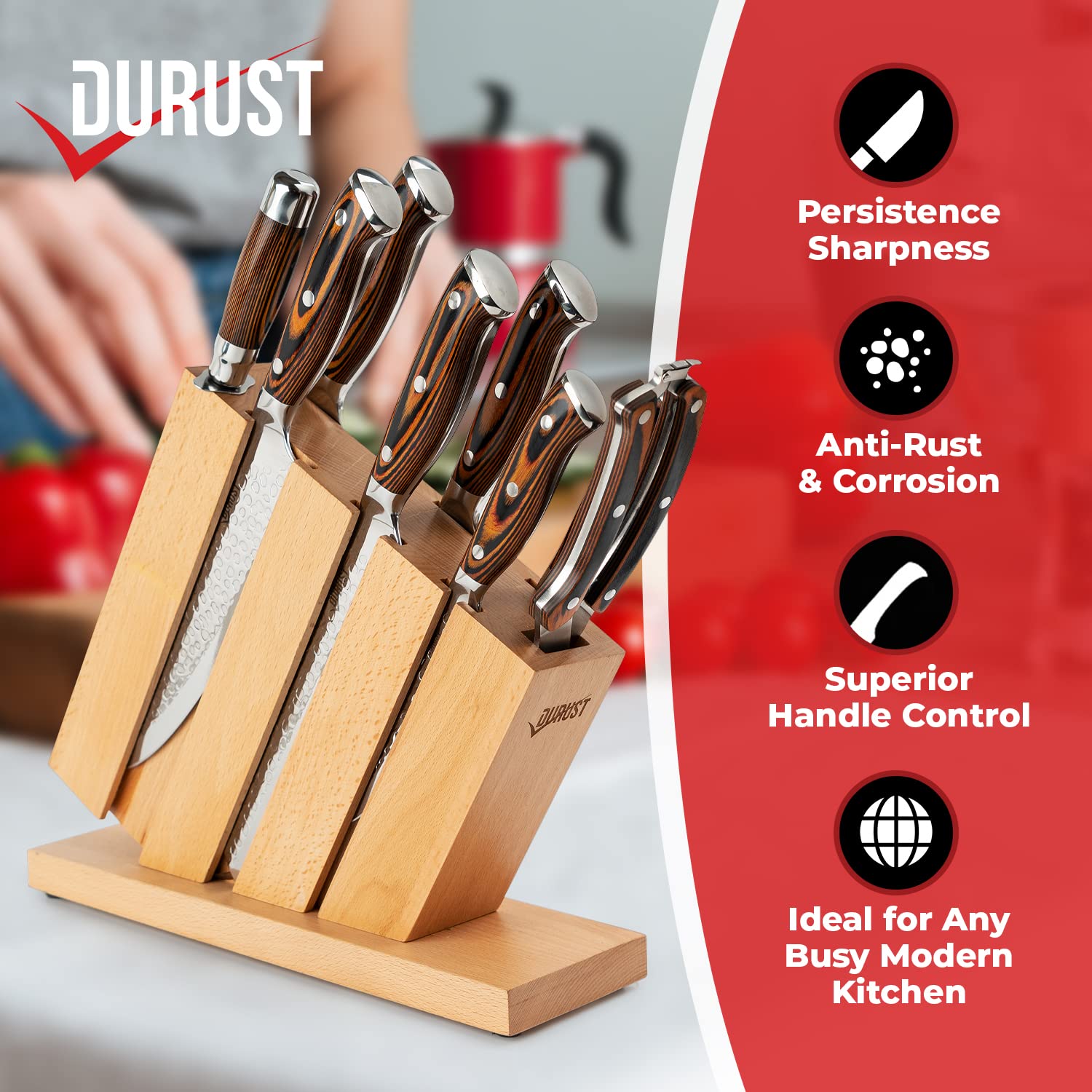 Durust Kitchen Knife Set with Beech Wood Block, 9-Piece 5Cr15Mov Stainless Steel Knives with Pakkawood +S/S 430 Bolster Handle,