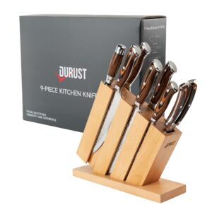 Durust Kitchen Knife Set with Beech Wood Block, 9-Piece 5Cr15Mov Stainless Steel Knives with Pakkawood +S/S 430 Bolster Handle,