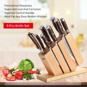 Durust Kitchen Knife Set with Beech Wood Block, 9-Piece 5Cr15Mov Stainless Steel Knives with Pakkawood +S/S 430 Bolster Handle,