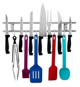 18 inch stainless steel knife & utensil holder with 7 hooks - wall mounted magnetic knife strip - includes assembly instructions, hardware & a mini level for easy installation - by wellington wares