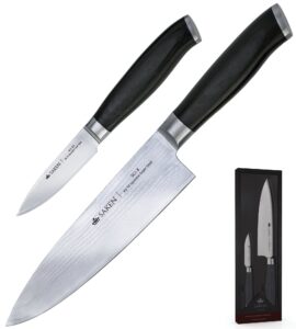 saken razor sharp damascus steel 8” chef knife set with 3.5" paring knife – premium japanese vg-10-67 layers folded steel kitchen knives - natural non stick - by saken