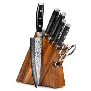 enso knife set - made in japan - hd series - vg10 hammered damascus japanese stainless steel with slim acacia knife block - 7 piece