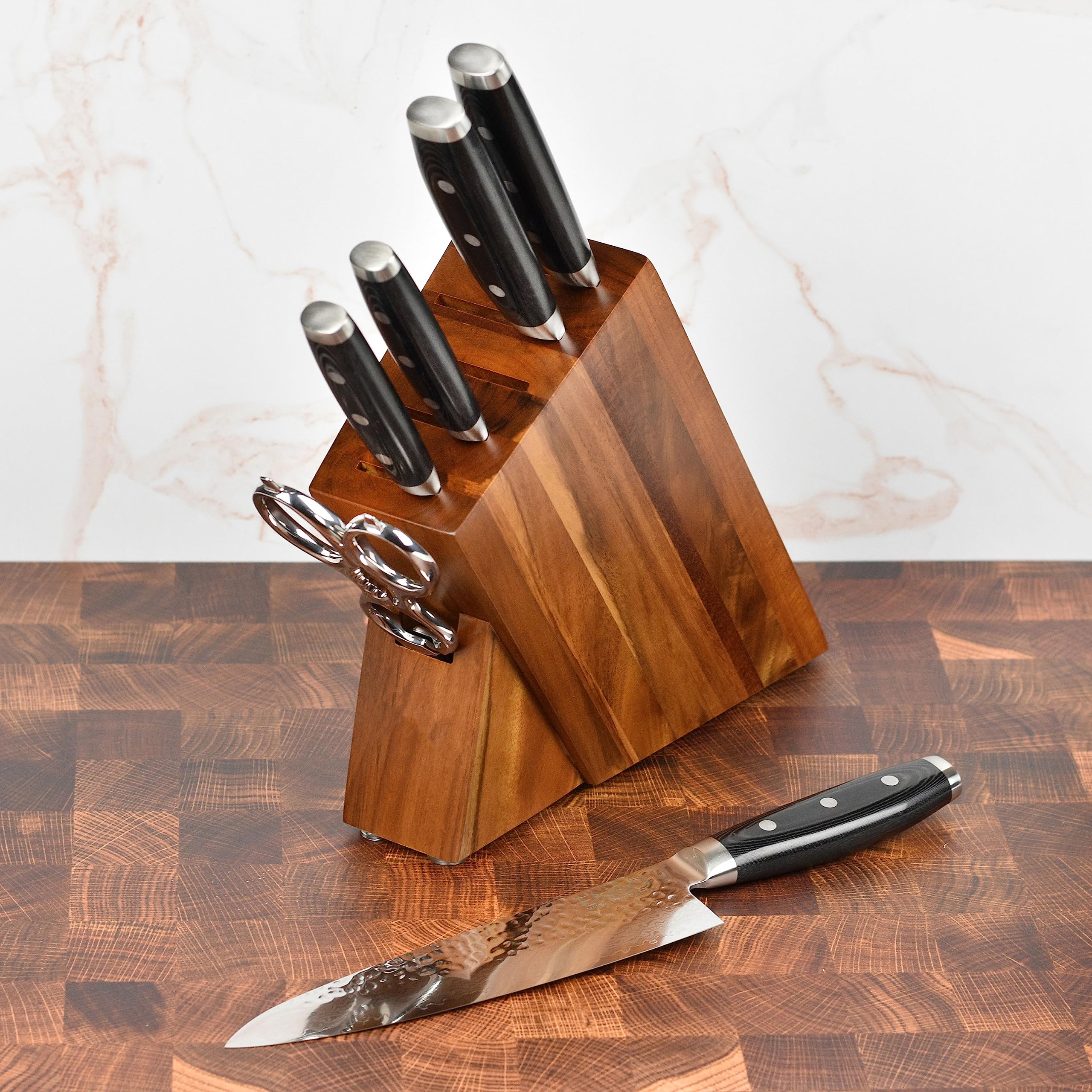 Enso Knife Set - Made in Japan - HD Series - VG10 Hammered Damascus Japanese Stainless Steel with Slim Acacia Knife Block - 7 Piece