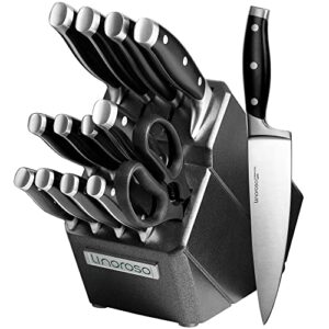 linoroso knife set with gift box, 14 pcs full tang german stainless steel knife block set with scissors, ultra sharp knife sets for kitchen with wooden block, classic series - gift for men & women