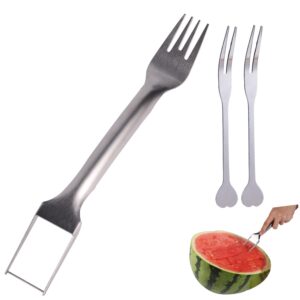 watermelon slicer fork and 2pcs fruit forks, fruit cutting fork 2-in-1 watermelon fork slicer cutter stainless steel fruit fork cutter for party camping
