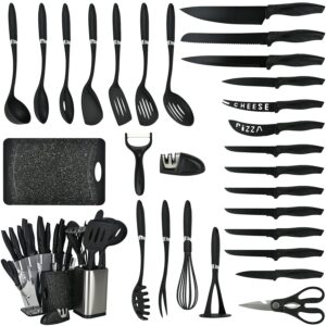 30 pieces knife set and kitchen utensil set, silicone cooking utensils set for kitchen essentials with knife sharpener, 11 pcs black knife set, cutting board essential knife and cutting board set