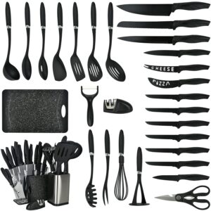 30 Pieces Knife Set and kitchen utensil set, silicone cooking utensils set for kitchen essentials with Knife Sharpener, 11 Pcs black knife set, Cutting Board essential knife and cutting board set