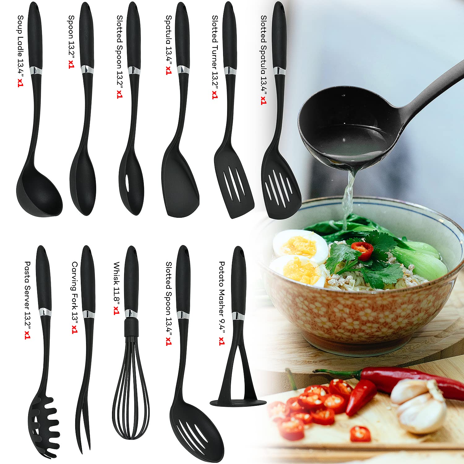 30 Pieces Knife Set and kitchen utensil set, silicone cooking utensils set for kitchen essentials with Knife Sharpener, 11 Pcs black knife set, Cutting Board essential knife and cutting board set