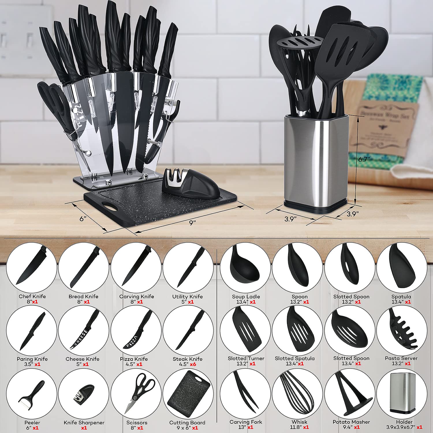 30 Pieces Knife Set and kitchen utensil set, silicone cooking utensils set for kitchen essentials with Knife Sharpener, 11 Pcs black knife set, Cutting Board essential knife and cutting board set