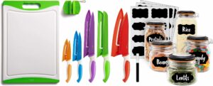 eatneat 12 pc colorful kitchen knife set 5 piece airtight glass kitchen canisters with black lids - includes premium black labels and white marker