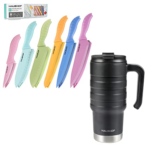 HAUSHOF Black 24 oz Travel Mug and 6PC Kitchen Knife Set