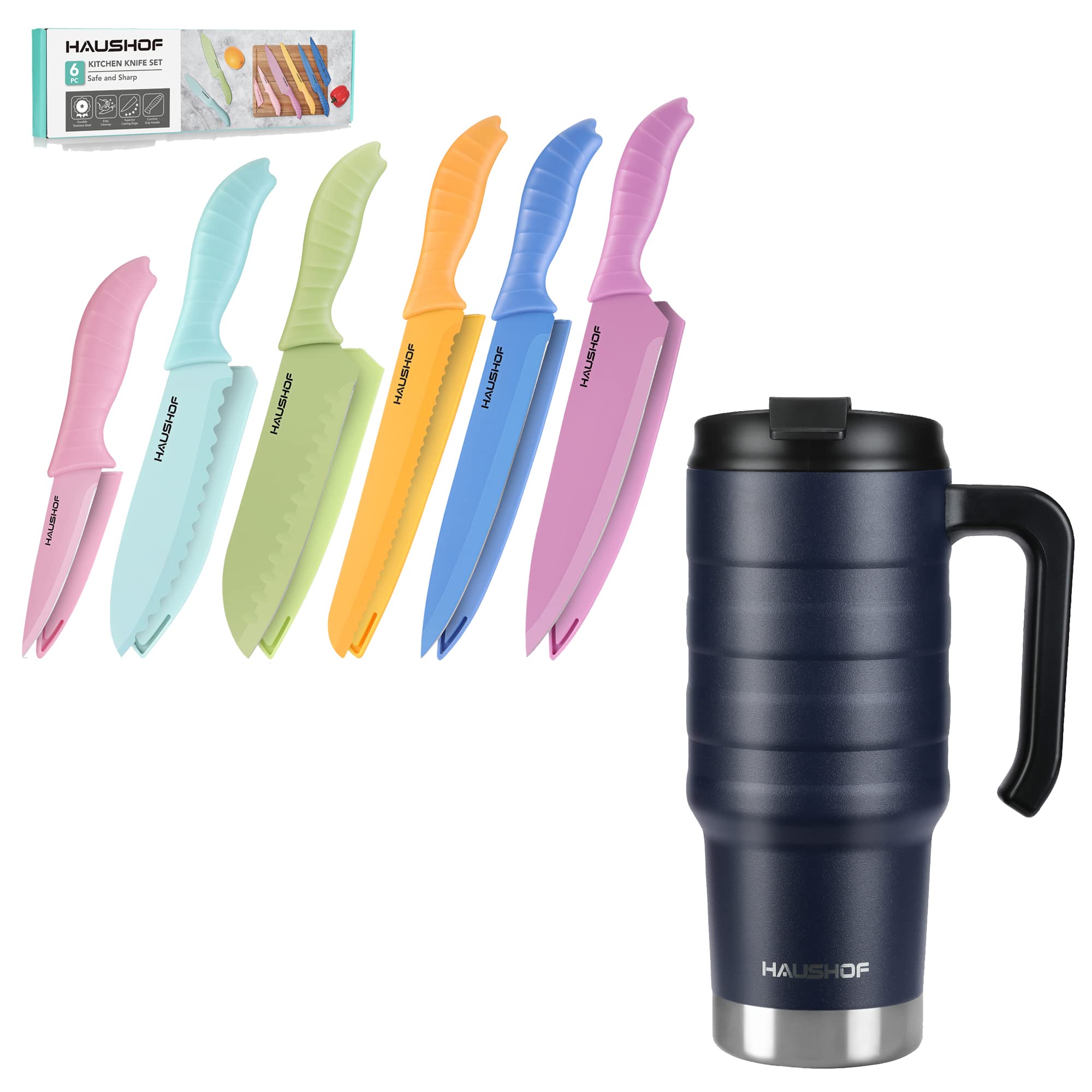 HAUSHOF Navy Blue 24 oz Travel Mug and 6PC Kitchen Knife Set