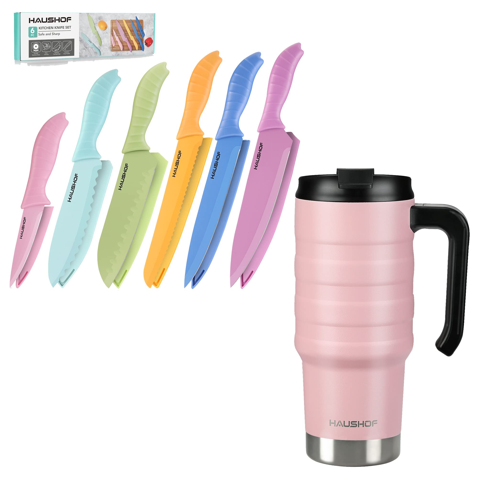 HAUSHOF Pink 24 oz Travel Mug and 6PC Kitchen Knife Set