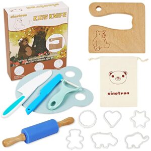 sinotron 13 pcs toddler knife, kids knifes for real cooking, montessori kitchen tools for toddlers, kids knife set with wooden knife, cutting board, cookie cutters, peeler, rolling pin (bear)