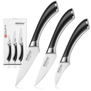wellstar paring knives set, 3-piece fruit peeling knife set, 2.75 inch bird beak, 3.5 inch paring, 4 inch serrated utility, super sharp german stainless steel forged blade and full tang handle