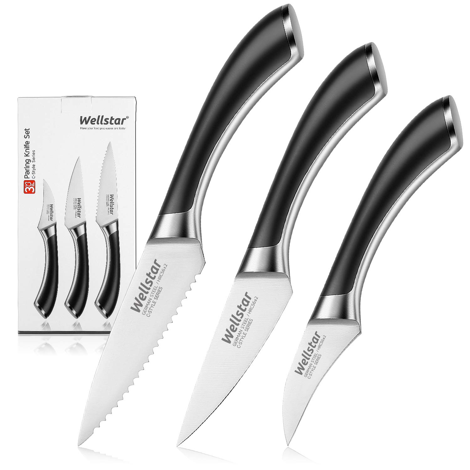 WELLSTAR Paring Knives Set, 3-Piece Fruit Peeling Knife Set, 2.75 Inch Bird Beak, 3.5 Inch Paring, 4 Inch Serrated Utility, Super Sharp German Stainless Steel Forged Blade and Full Tang Handle