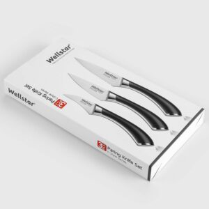 WELLSTAR Paring Knives Set, 3-Piece Fruit Peeling Knife Set, 2.75 Inch Bird Beak, 3.5 Inch Paring, 4 Inch Serrated Utility, Super Sharp German Stainless Steel Forged Blade and Full Tang Handle