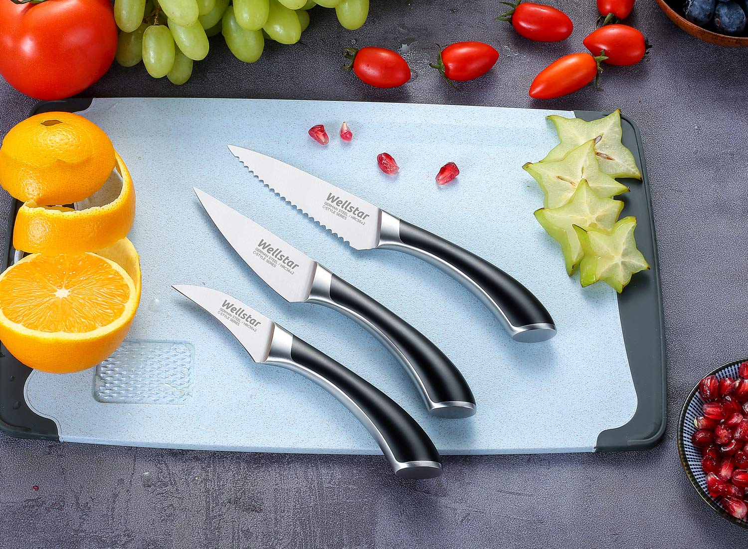 WELLSTAR Paring Knives Set, 3-Piece Fruit Peeling Knife Set, 2.75 Inch Bird Beak, 3.5 Inch Paring, 4 Inch Serrated Utility, Super Sharp German Stainless Steel Forged Blade and Full Tang Handle