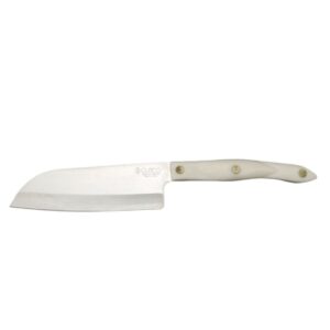 cutco model 2166 white (pearl) petite santoku knife in factory-sealed plastic bag. 5.6" high carbon stainless straight edge blade and 5.1" handle