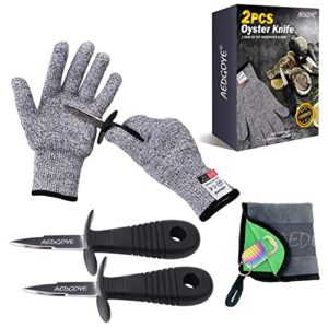 oyster shucking knife and gloves,oyster knife shucker set stainless steel clam shellfish seafood opener kit tools (2knifes+1glove+1cloth+1bottle opener)