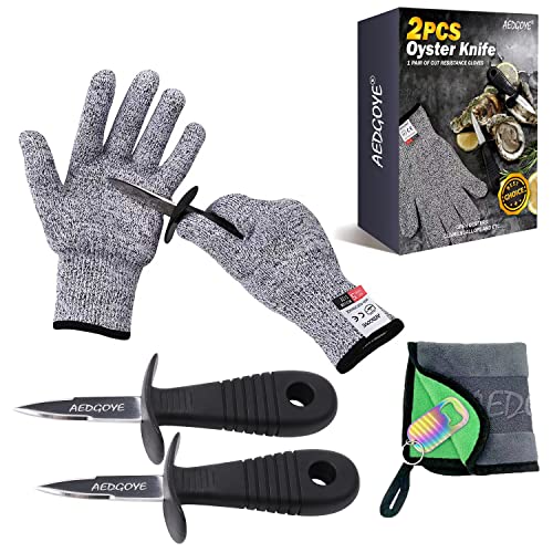 Oyster Shucking Knife and Gloves,Oyster Knife Shucker Set Stainless Steel Clam Shellfish Seafood Opener Kit Tools (2knifes+1Glove+1Cloth+1Bottle opener)