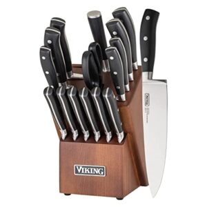 viking culinary cutlery set with light walnut color block, 17 piece, premium german steel blades, ergonomic design, all essential knife types, dishwasher safe