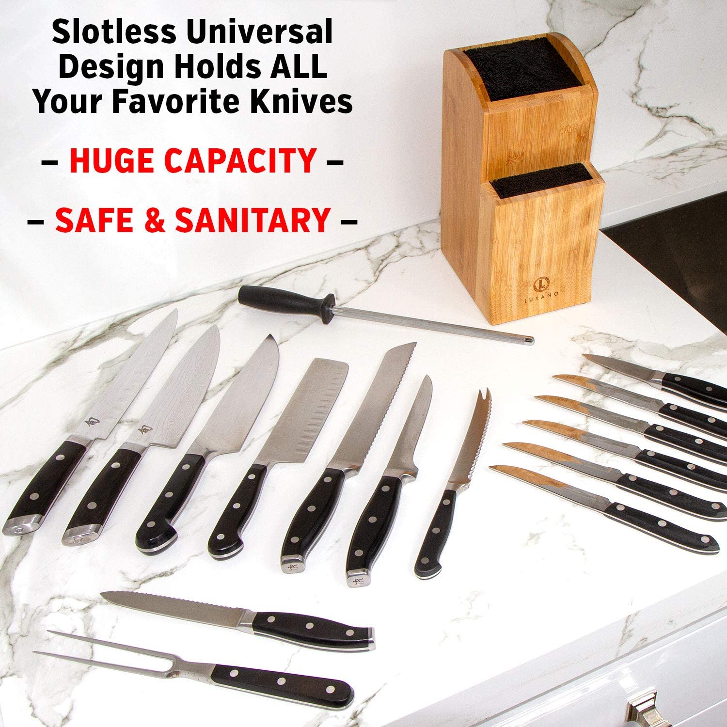 Universal Knife Block Without Knives - Kitchen Knife Holder for Kitchen Counter - Extra Large Bamboo Knife Block Holder